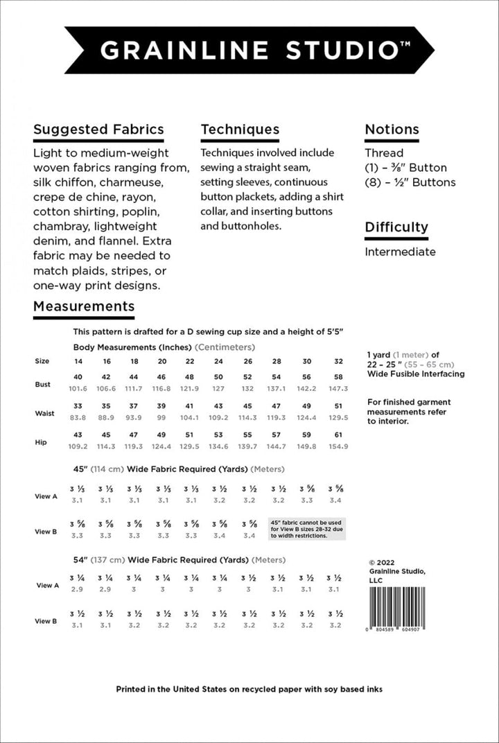 Default Archer Shirt - Grainline Studio - Sizes 14-32