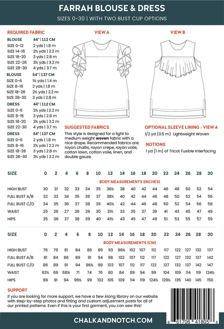 Default Farrah Blouse & Dress - Chalk + Notch Patterns  - Sizes 0-30