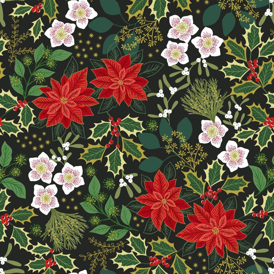 Festive Floral in Black with Gold Metallic - Yuletide - Lewis & Irene