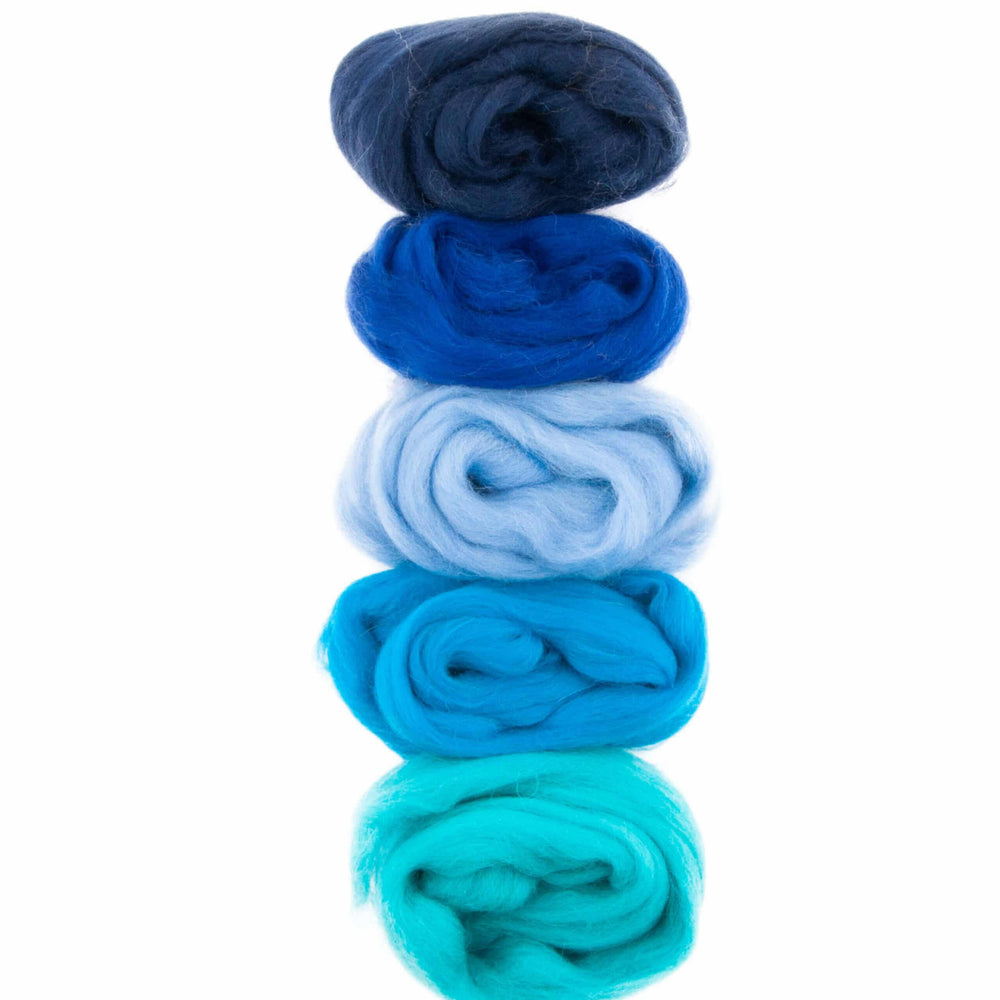 Default Five Merino Roving Colors in Blue and Turquoise Shades - 50 gram bag - Color Set 5 - Raised and Procesed in Europe