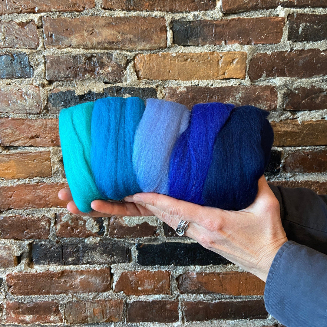 Default Five Merino Roving Colors in Blue and Turquoise Shades - 50 gram bag - Color Set 5 - Raised and Procesed in Europe