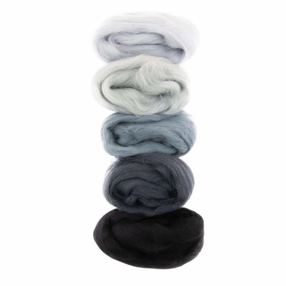 Default Five Merino Roving Colors in Gray and Black Shades - 50 gram bag - Color Set 10 - Raised and Procesed in Europe