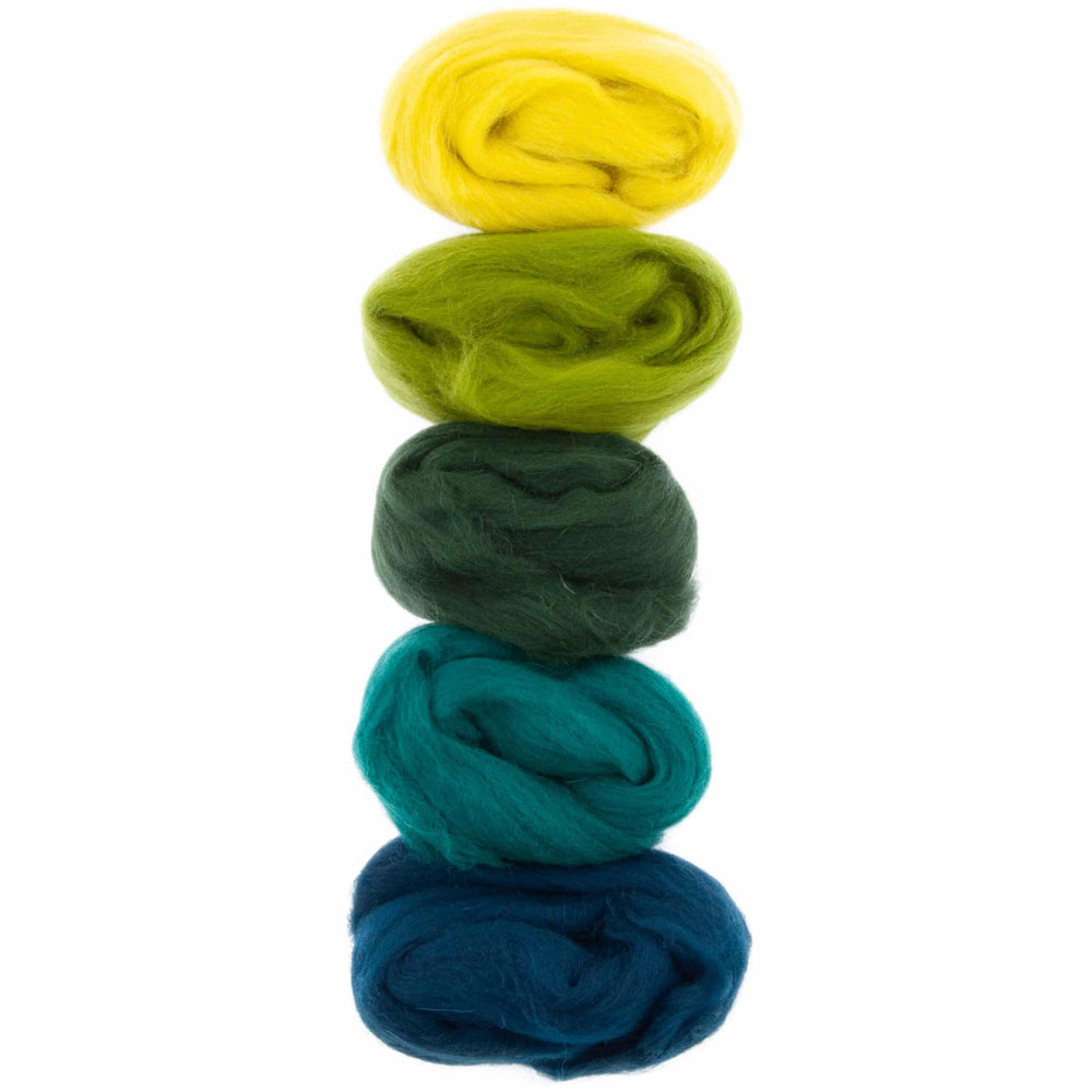 Default Five Merino Roving Colors in Green Shades - 50 gram bag - Color Set 7 - Raised and Procesed in Europe