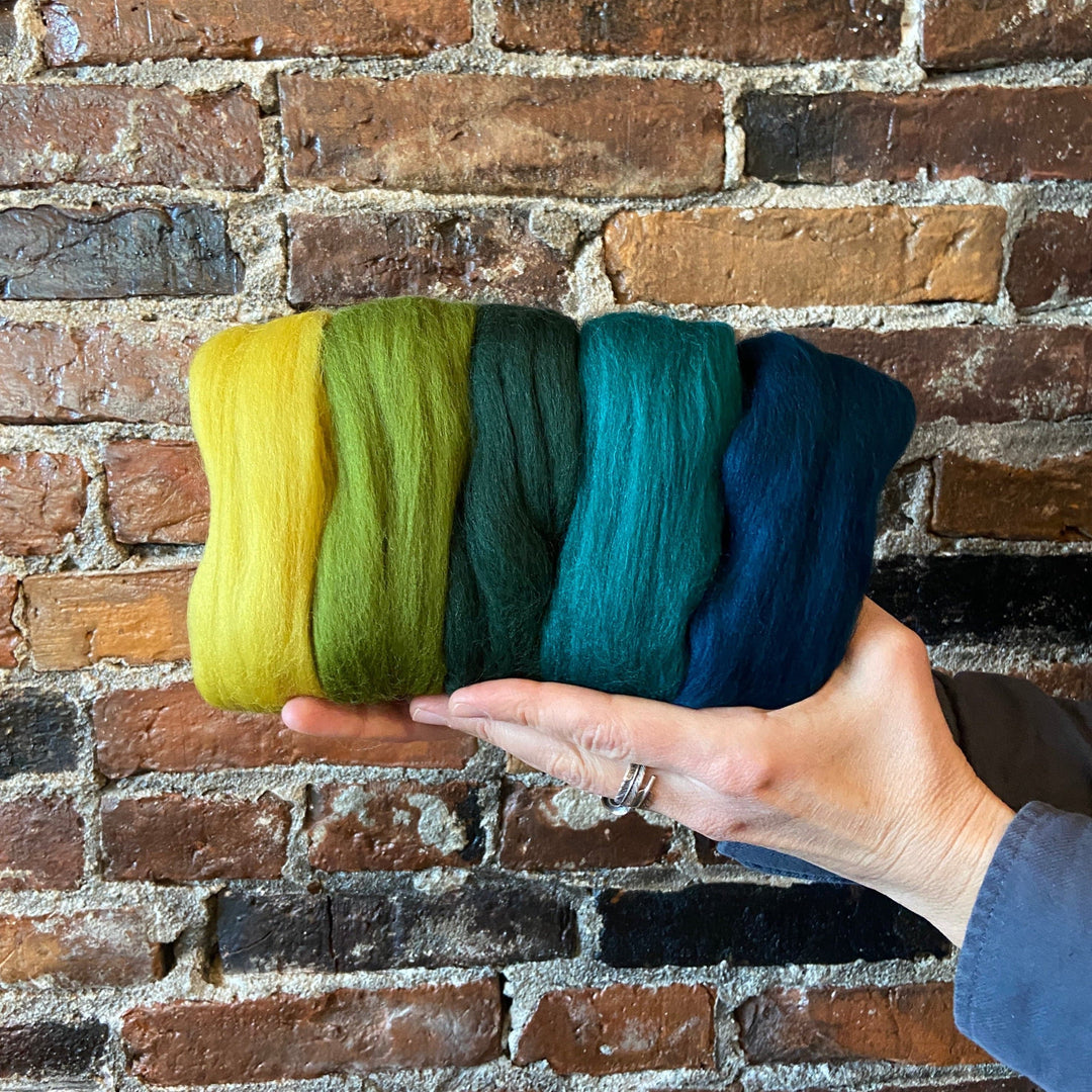 Default Five Merino Roving Colors in Green Shades - 50 gram bag - Color Set 7 - Raised and Procesed in Europe