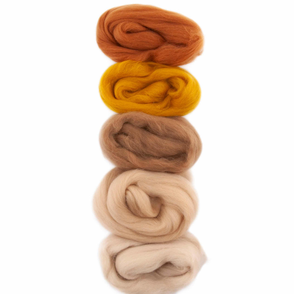 Default Five Merino Roving Colors in Light Brown Shades - 50 gram bag - Color Set 9 - Raised and Procesed in Europe