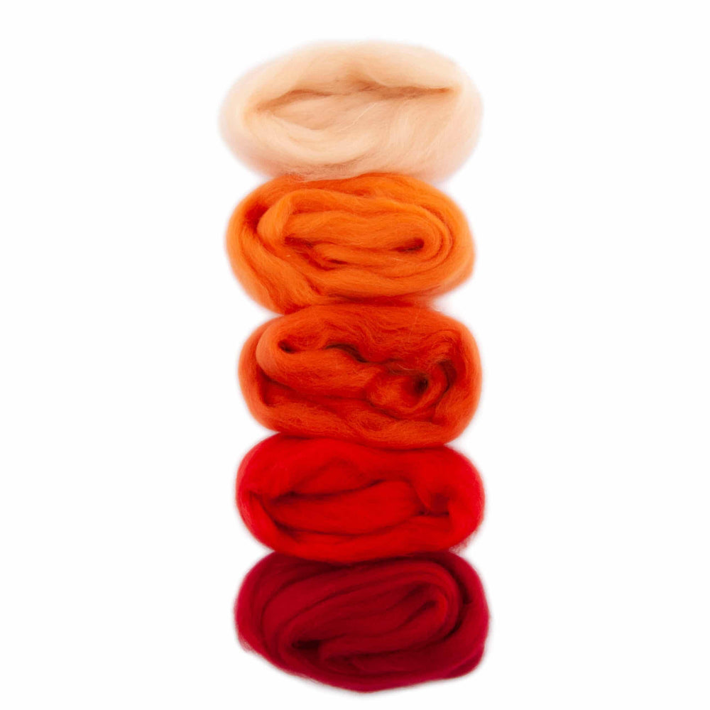 Default Five Merino Roving Colors in Orange and Red Shades - 50 gram bag - Color Set 2 - Raised and Procesed in Europe