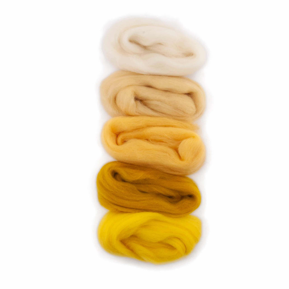 Default Five Merino Roving Colors in White and Yellow Shades - 50 gram bag - Color Set 1 - Raised and Procesed in Europe
