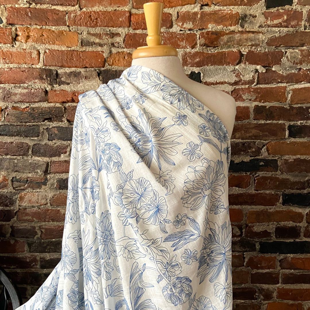 Default Floral Dream in Blue 100% Linen - Line Drawings Embroidered in Blue on Linen