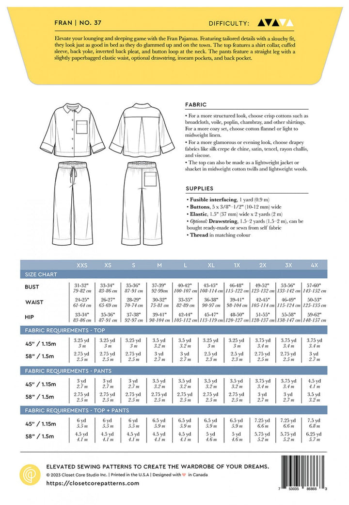 Default Fran Pajamas - Closet Core Patterns - Sizes XXS-4X