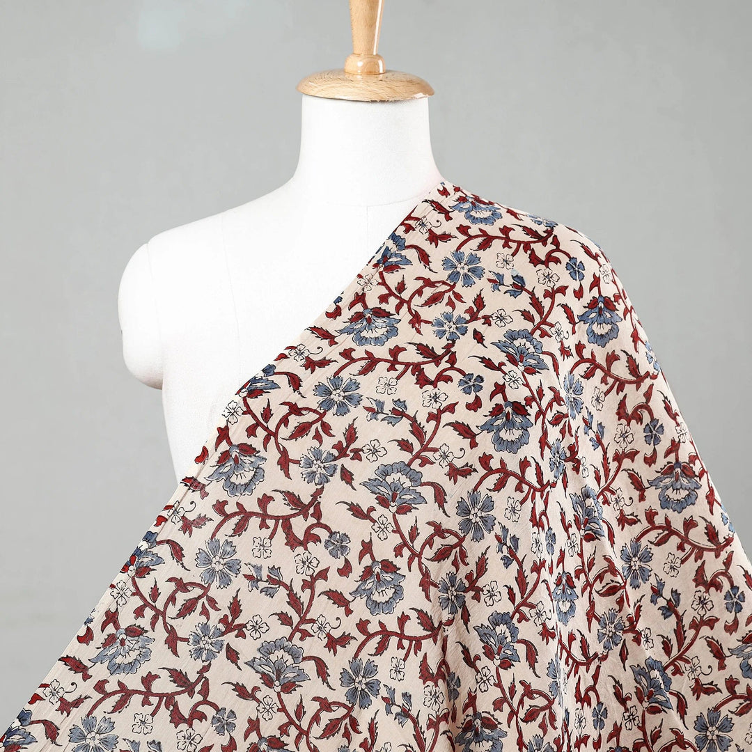 Default Indian Block Print on Very Light Cotton - Burgundy and Cornflower on Tea - Ajrakh Block Printing Mul Cotton Fabric