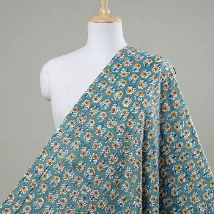 Default Indian Blockprint on Cotton - Yellow Floral on Teal - Sanganeri Block Printing Cotton Fabric