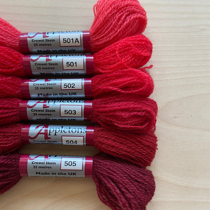 Individual Appletons Crewel Wool Skeins from the Scarlet Colorway