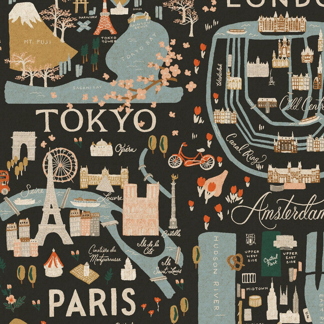 City Guide in Black - Linen Cotton Canvas Project Cut - 22" x 26"