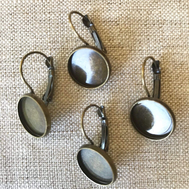 Earring Bezel, Round, in Antique Bronze, 12mm Tray, Two Pair