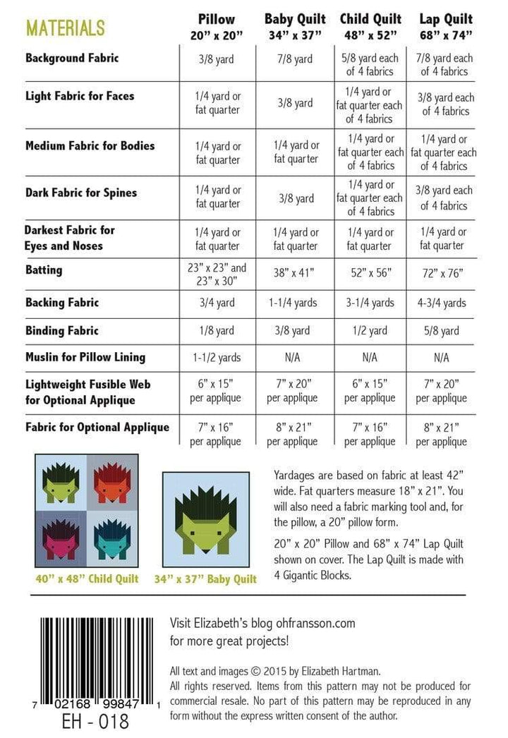 Hazel Hedgehog II, Elizabeth Hartman, Quilt Pattern