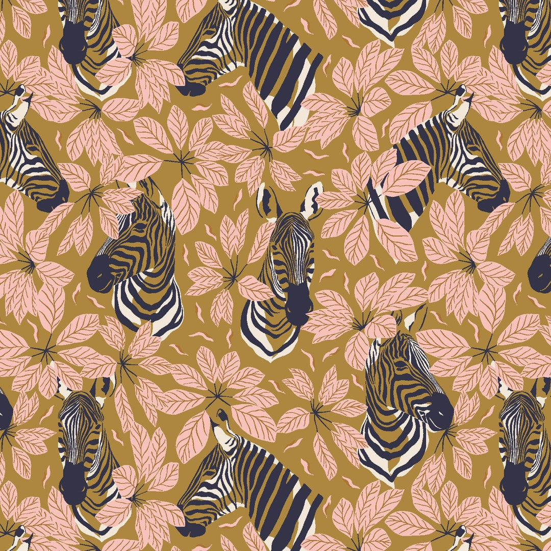 Magic of Serengeti - Happy Zebra on Glowing Umber Fabric