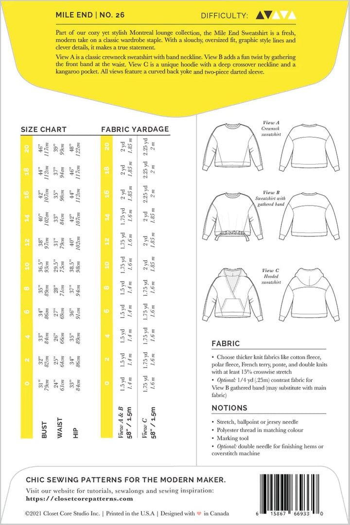 Mile End Sweatshirt - Closet Core Patterns - Sizes 0-20