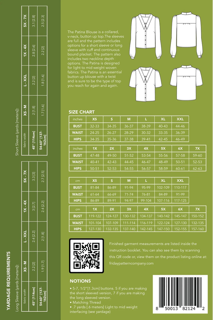 Patina Blouse - Friday Pattern Company - Sizes XS-7X