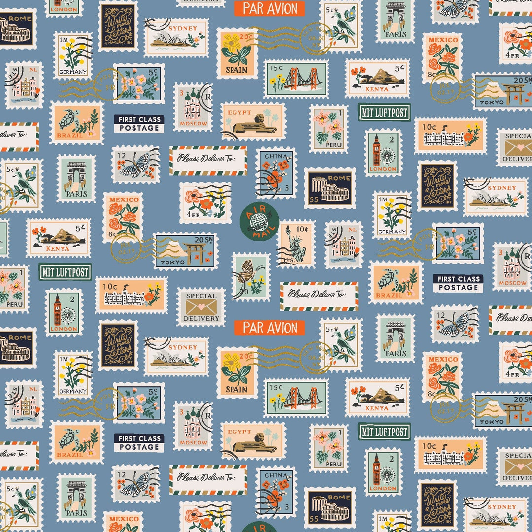 Postage Stamps in Blue Metallic ~ Bon Voyage by Rifle Paper Co.
