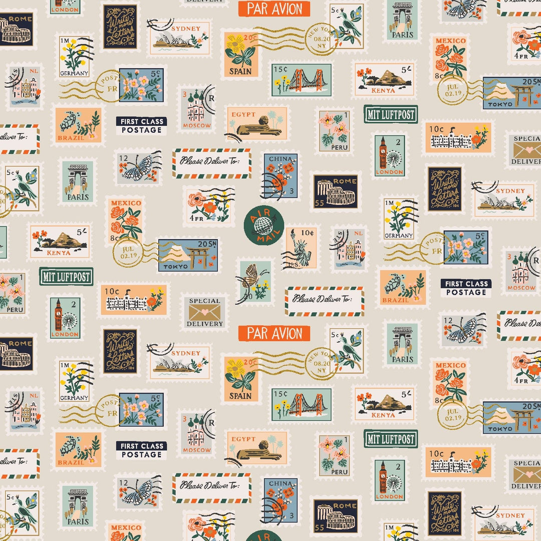 Postage Stamps in Flax Metallic ~ Bon Voyage by Rifle Paper Co.