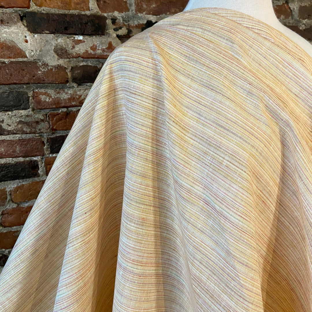 Default 100% Yarn Dyed Linen - May Fair - Creamy Yellow with thin colored stripes - 62"
