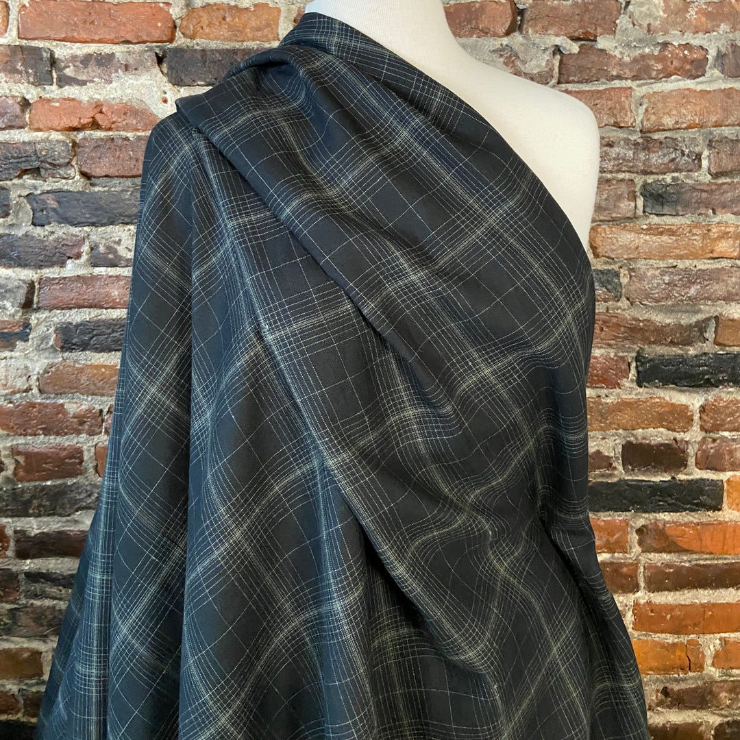 Default 100% Yarn Dyed Linen- Urban Grid - Black with thin white lines in plaid design - 60"