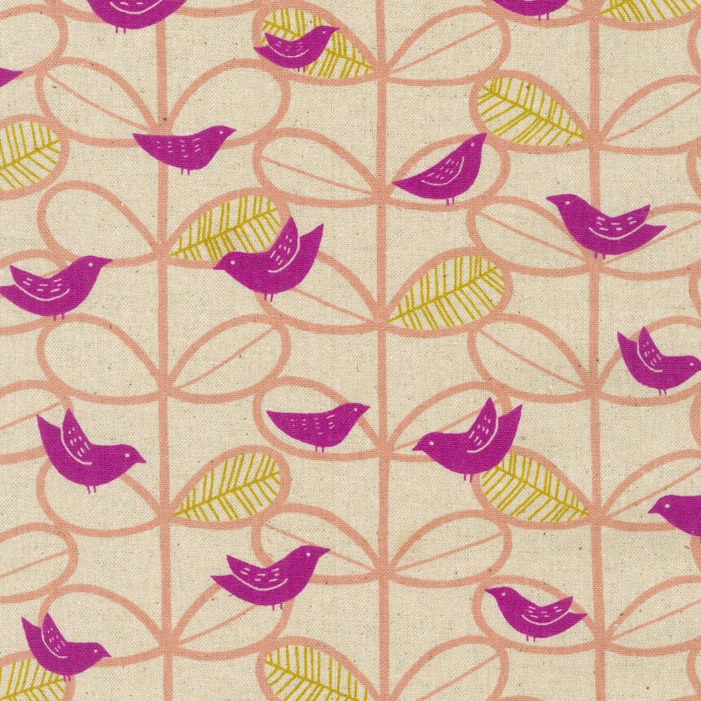 Birds & Leaves in Pink & Natural - Cotton Flax Prints