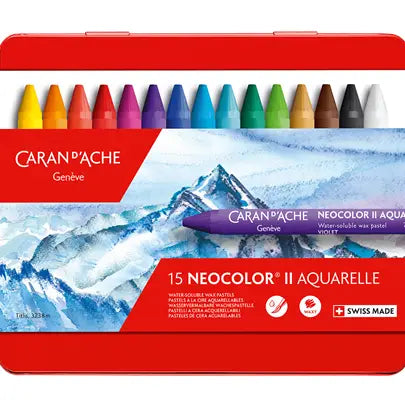 Default Caran d'Ache Neocolor II Pastels - Set of 15 Water-Soluble Pastels in a Metal Box