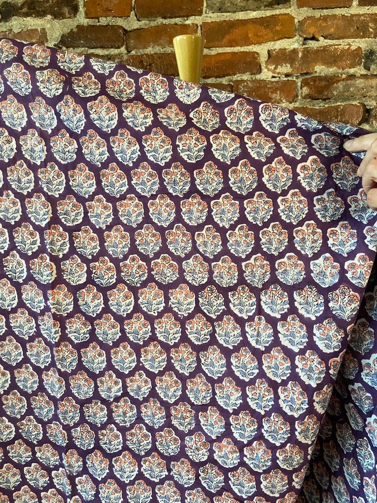 Default Coral & Gray Blue Flowers on Purple - Sangeneri Block Printed Indian Cotton