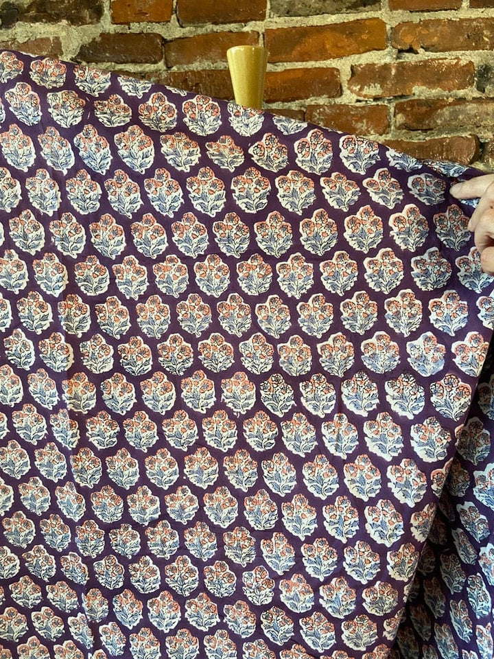 Default Coral & Gray Blue Flowers on Purple - Sangeneri Block Printed Indian Cotton