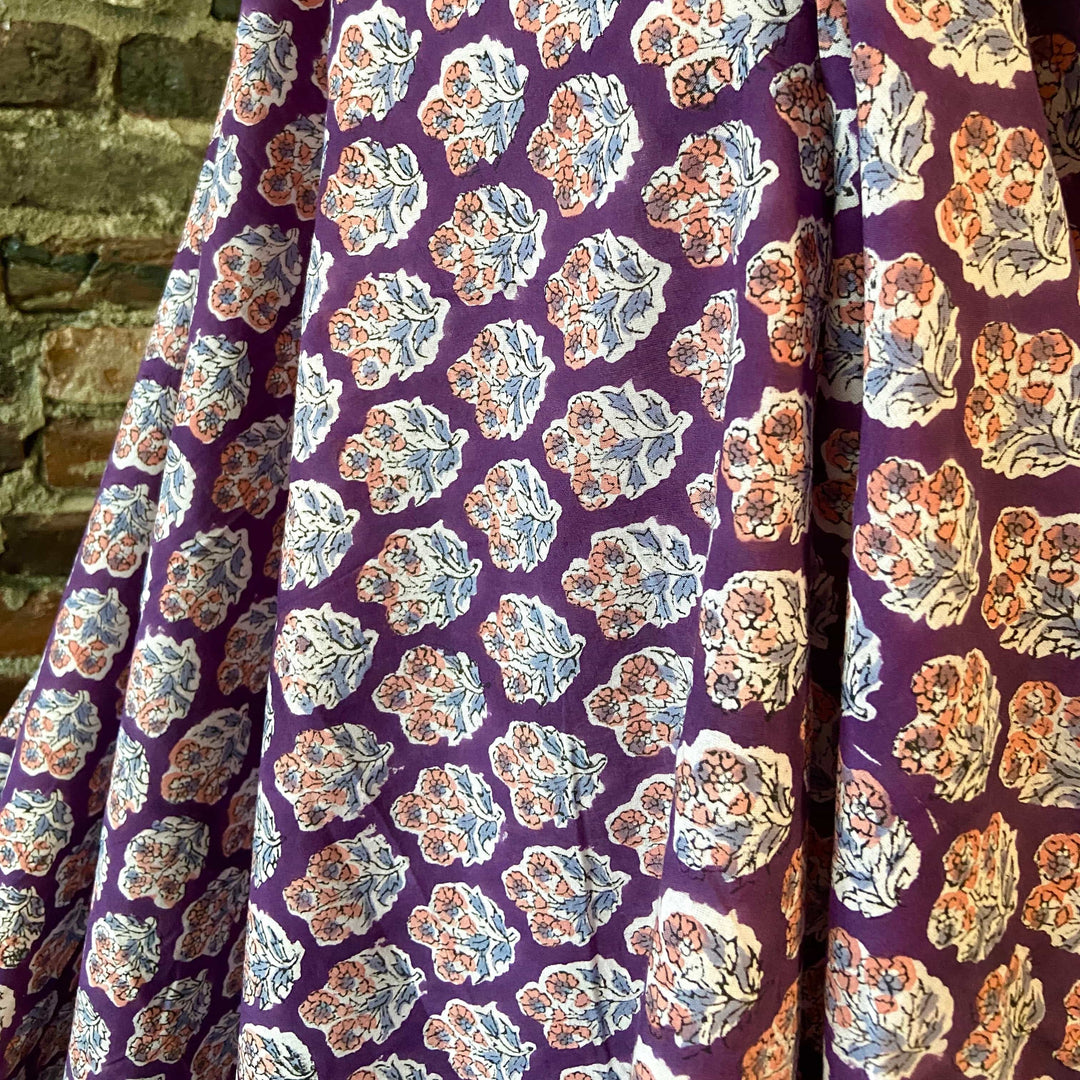 Default Coral & Gray Blue Flowers on Purple - Sangeneri Block Printed Indian Cotton