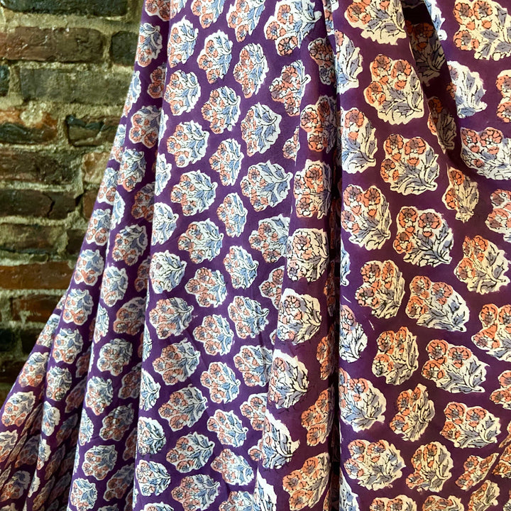 Default Coral & Gray Blue Flowers on Purple - Sangeneri Block Printed Indian Cotton