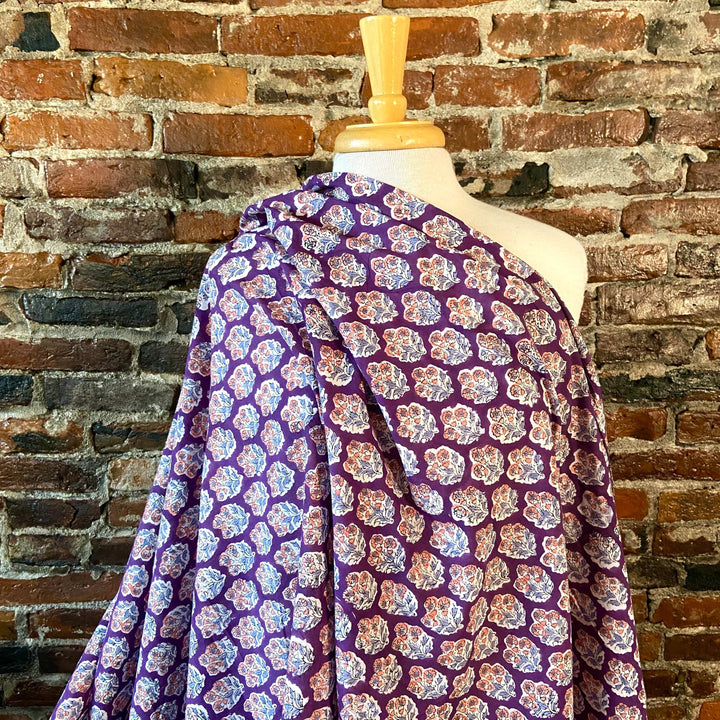 Default Coral & Gray Blue Flowers on Purple - Sangeneri Block Printed Indian Cotton