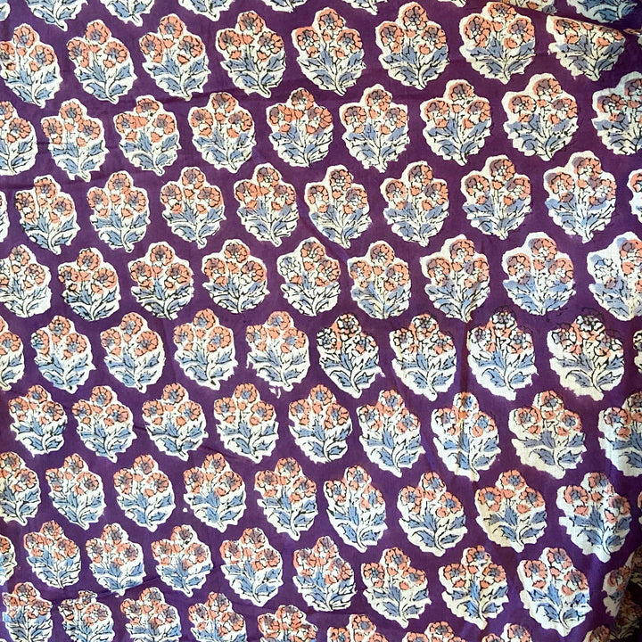 Default Coral & Gray Blue Flowers on Purple - Sangeneri Block Printed Indian Cotton