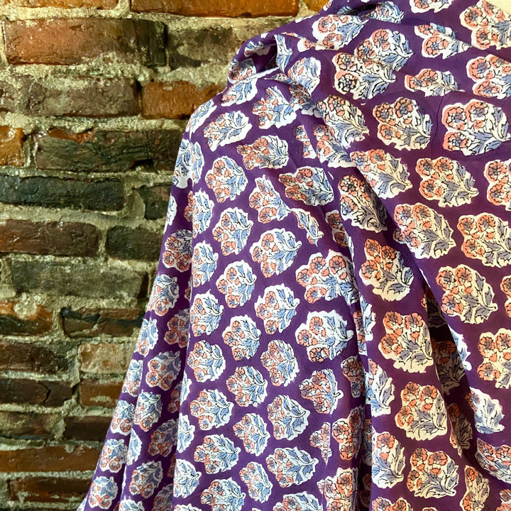 Default Coral & Gray Blue Flowers on Purple - Sangeneri Block Printed Indian Cotton