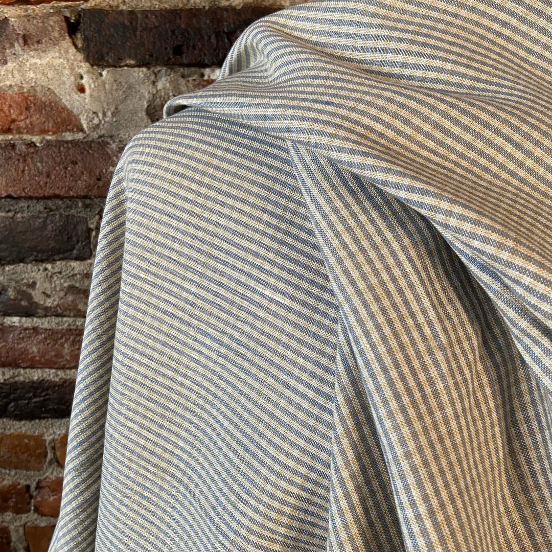 Default Dorothy in Kansas - Yarn Dyed 100% Linen - Thin Blue and Cream Stripe with very pale horizontal stripe