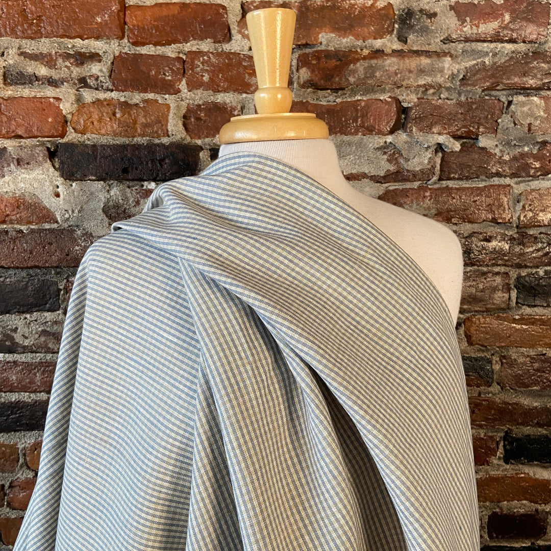 Default Dorothy in Kansas - Yarn Dyed 100% Linen - Thin Blue and Cream Stripe with very pale horizontal stripe