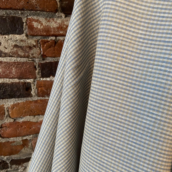 Default Dorothy in Kansas - Yarn Dyed 100% Linen - Thin Blue and Cream Stripe with very pale horizontal stripe