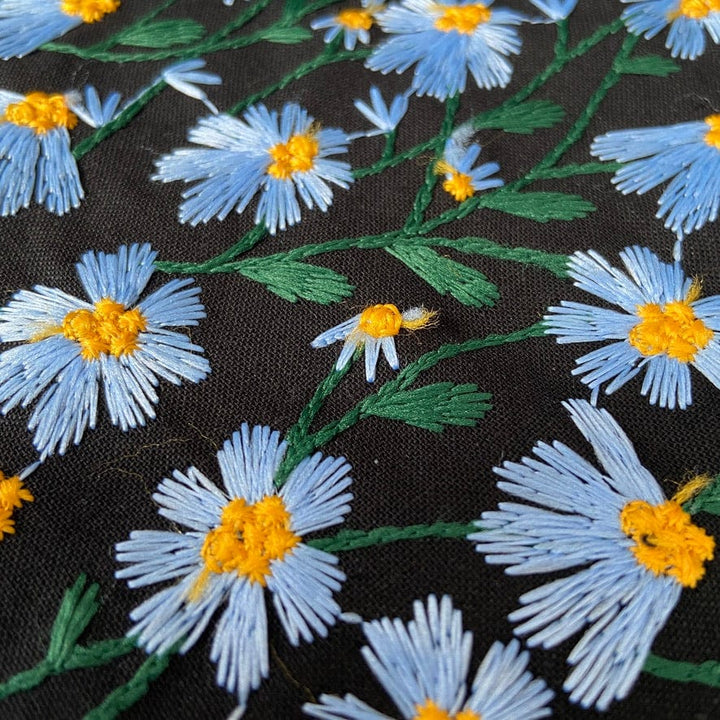 Default Embroidered Asters on Black Ramie Cotton Blend