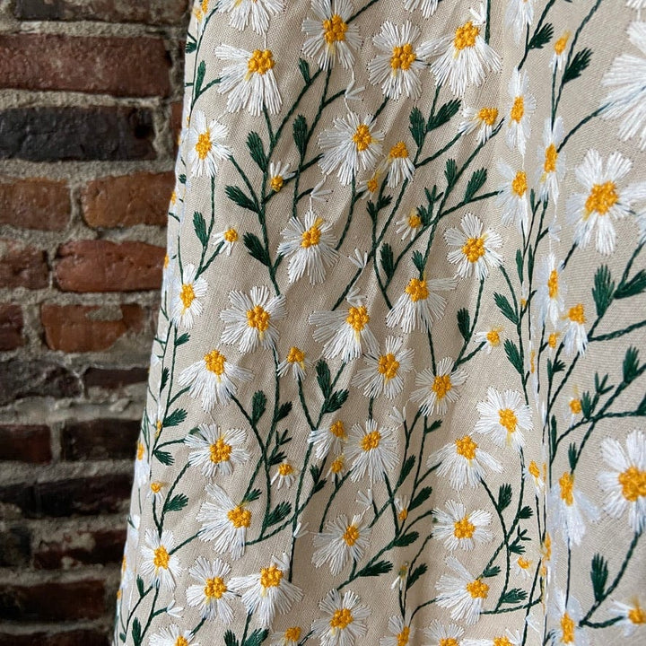 Default Embroidered Daisies on Natural - Ramie Cotton Blend Cloth - Polyester Thread Embroidery