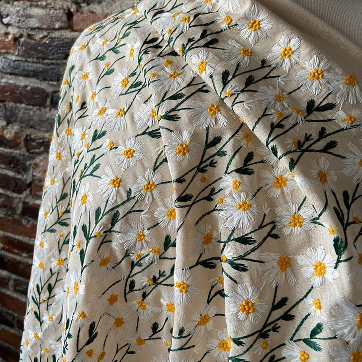 Default Embroidered Daisies on Natural - Ramie Cotton Blend Cloth - Polyester Thread Embroidery