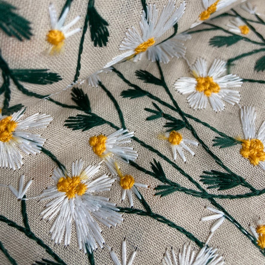 Default Embroidered Daisies on Natural - Ramie Cotton Blend Cloth - Polyester Thread Embroidery