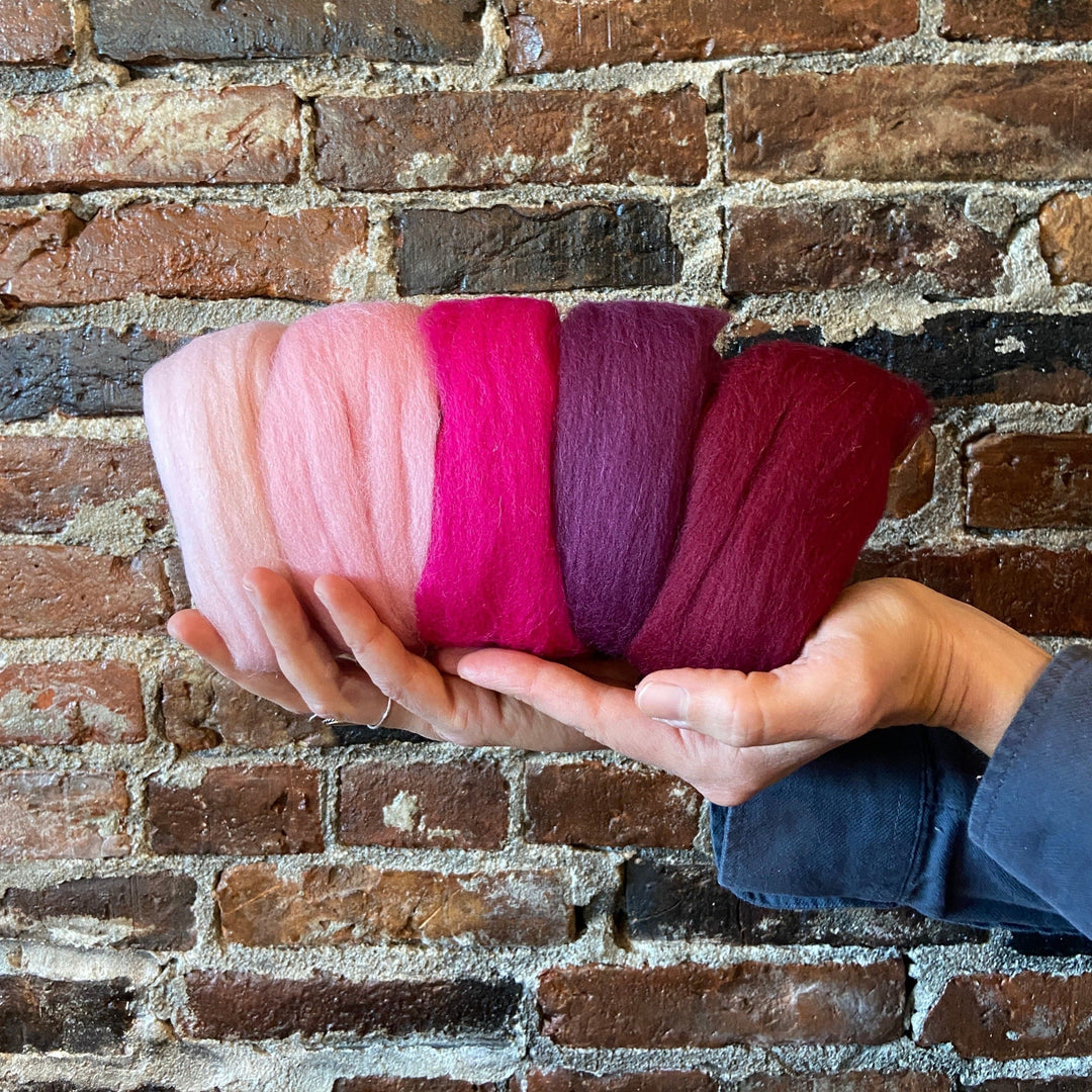 Default Five Merino Roving Colors in Dark Red and Pink Shades - 50 gram bag - Color Set 3 - Raised and Procesed in Europe