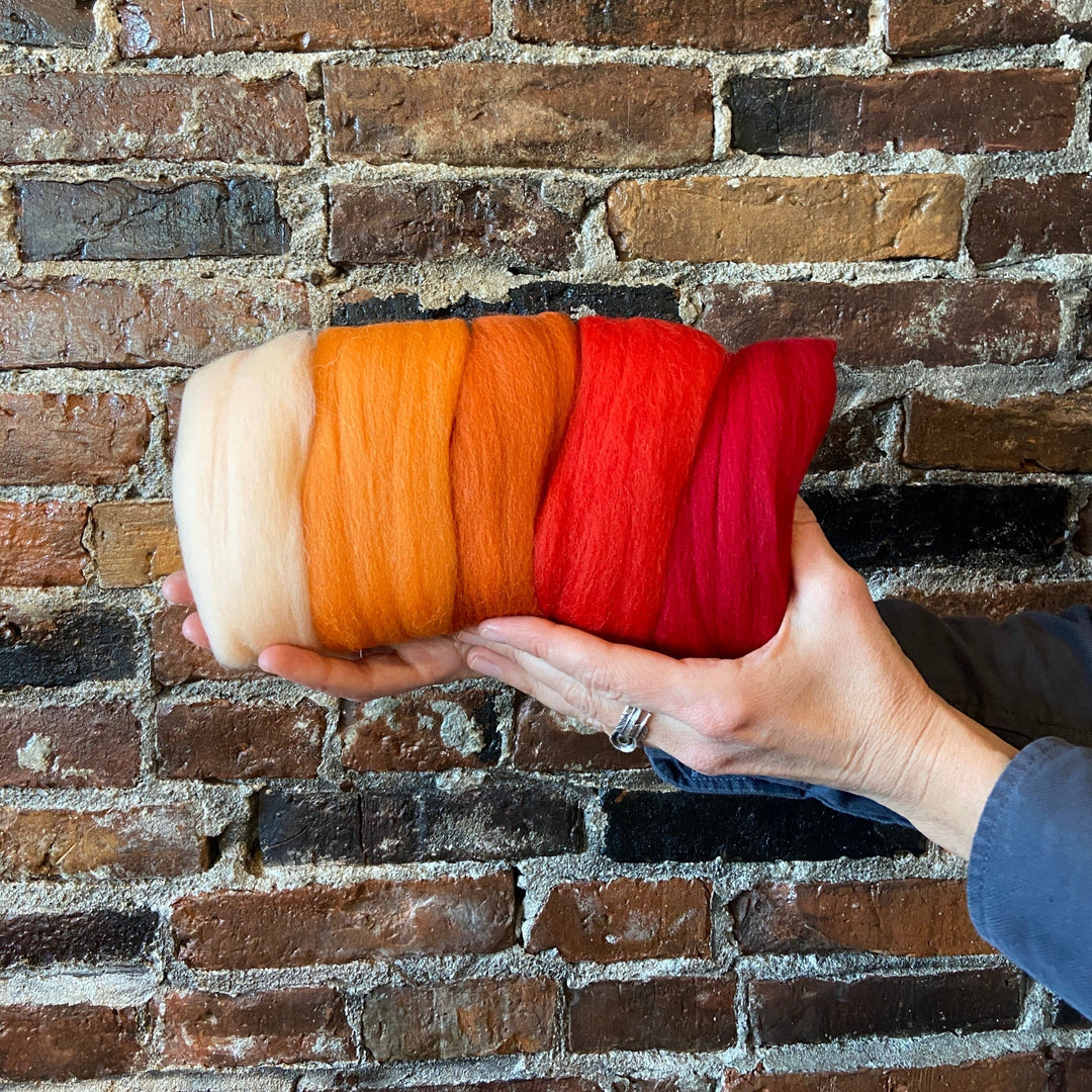 Default Five Merino Roving Colors in Orange and Red Shades - 50 gram bag - Color Set 2 - Raised and Procesed in Europe