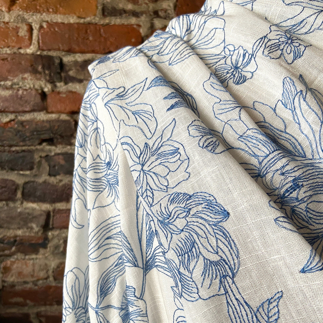 Default Floral Dream in Blue 100% Linen - Line Drawings Embroidered in Blue on Linen