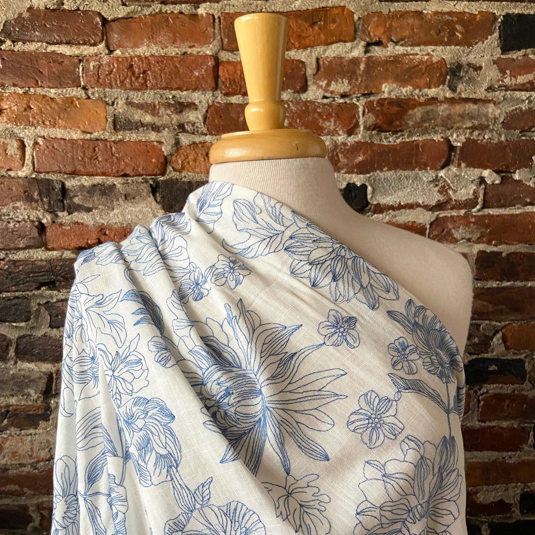 Default Floral Dream in Blue 100% Linen - Line Drawings Embroidered in Blue on Linen