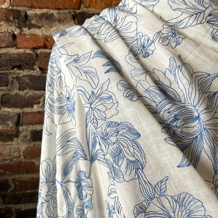 Default Floral Dream in Blue 100% Linen - Line Drawings Embroidered in Blue on Linen