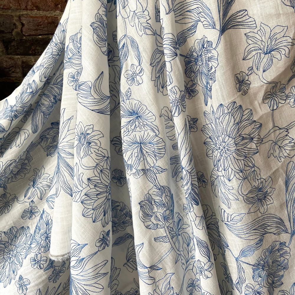 Default Floral Dream in Blue 100% Linen - Line Drawings Embroidered in Blue on Linen