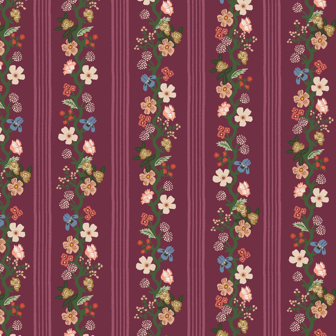 Default Floral Trellis Stripe in Burgundy - Gracie - Rifle Paper Co.
