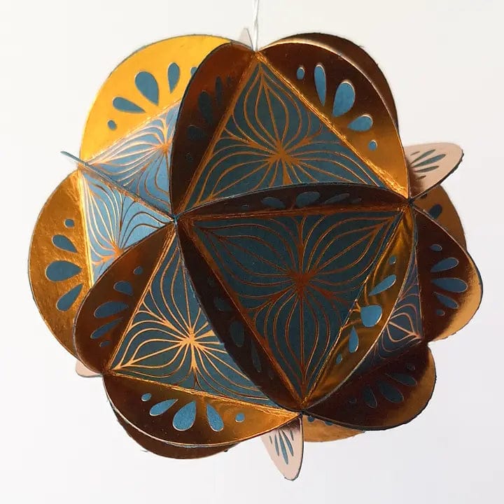 Default Globe Ornament Kit - 20 Sided Icosahedron in Poinsettia Design - Brass on Teal